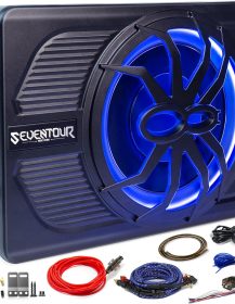 10" Upgrade 800W Slim Under Seat Powered Car Subwoofer, Car/Truck Audio Sub Built in Amplifier amp Combo Package, with Blue LED Light (Subwoofer+Installation Wire Kit)
