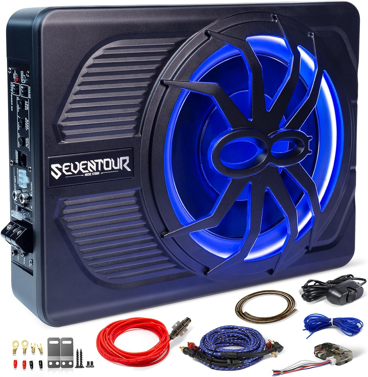 10" Upgrade 800W Slim Under Seat Powered Car Subwoofer, Car/Truck Audio Sub Built in Amplifier amp Combo Package, with Blue LED Light (Subwoofer+Installation Wire Kit)