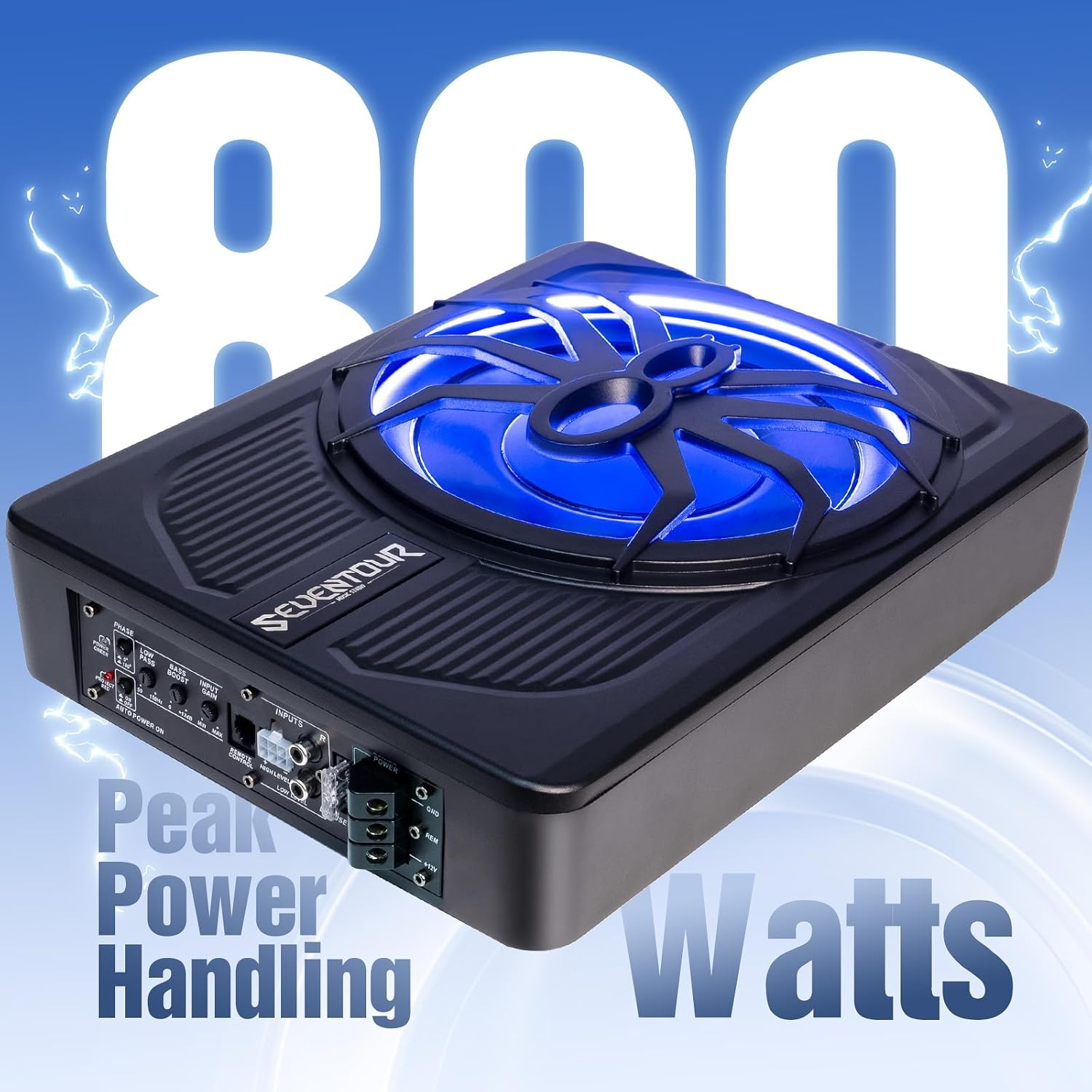 10" Upgrade 800W Slim Under Seat Powered Car Subwoofer, Car/Truck Audio Sub Built in Amplifier amp Combo Package, with Blue LED Light (Subwoofer+Installation Wire Kit) - Image 2