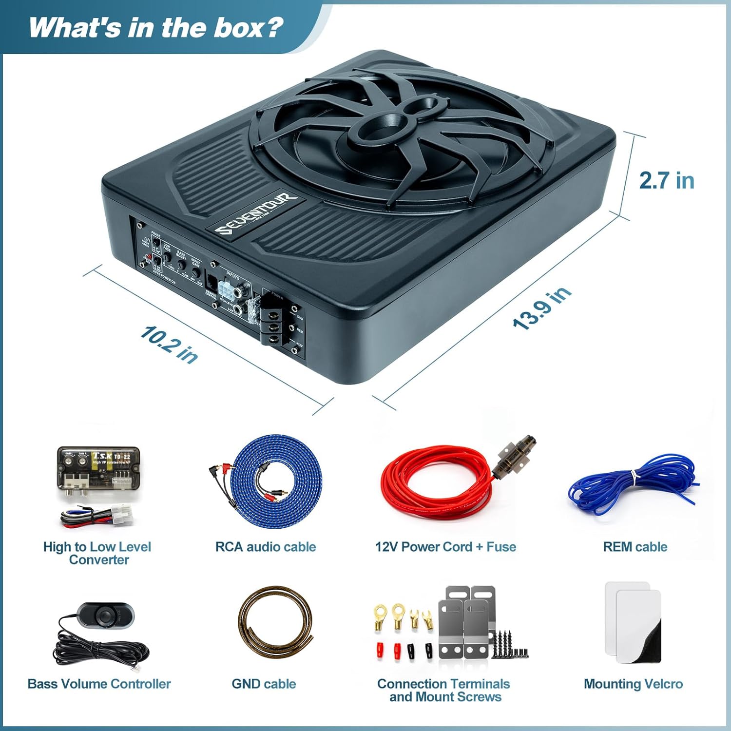 10" Upgrade 800W Slim Under Seat Powered Car Subwoofer, Car/Truck Audio Sub Built in Amplifier amp Combo Package, with Blue LED Light (Subwoofer+Installation Wire Kit) - Image 6