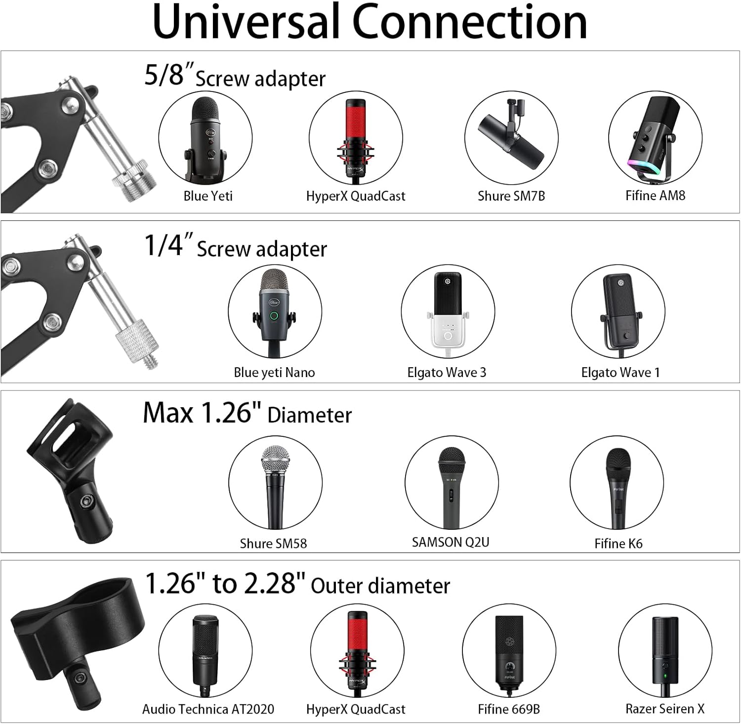 Microphone Stand Mic Boom Arm for Blue Yeti HyperX QuadCast SoloCast Yeti Nano Snowball Shure SM7B SM58 Q2U Fifine K669B and Other Mics, Overhead Mic Stand Desk Boom Arm with 5/8" 1/4" Adapter - Image 6