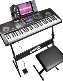 RockJam 61 Key Touch Display Keyboard Piano Kit with Digital Piano Bench, Electric Piano Stand, Headphones Piano Note Stickers, Sustain Pedal & Simply Piano Lessons