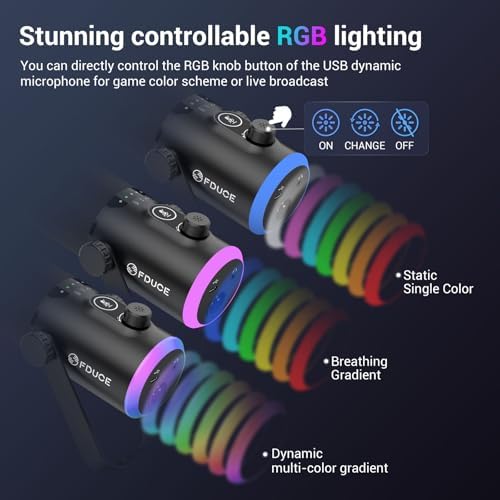 FDUCE USB/XLR Gaming Microphone kit, Dynamic PC Mic for Podcasting Streaming, Computer RGB Mic Kit with Desktop Stand, Mute Button and Headphone Jack, for Recording, Vocal Voice-Over (D30) - Image 4